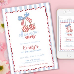 K&ouml;nnte beinhalten: Eine Party-Einladung mit rotem, wei&szlig;em und blauem Thema. Die Einladung zeigt ein Kirschdesign mit einer Schleife und dem Text "all american Girly". Ein Smartphone zeigt die gleiche Einladung.