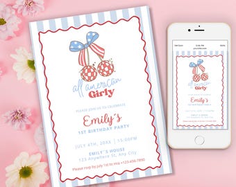 All American Girly, 4th Of July Invite, Patriotic Birthday Invitation, Patriotic Party, Red White and Blue Cherries, bow coquette girl party