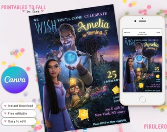 Deseo fiesta de invitación de cumpleaños, cumpleaños de deseo, plantilla editable de deseo, fiesta de película de deseo, plantilla de Canva de fiesta de princesa asha Descarga instantánea