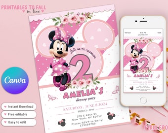 Mouse pink Invitation, Mouse pink E Invites, Canva Template, Oh TWOdles! Minni mouse Birthday Invitation for any age, Mickey Mouse clubhouse