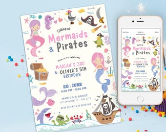 Op de afbeelding: Een kleurrijke uitnodiging voor een verjaardagsfeest met een zeemeermin- en piraten thema. De uitnodiging bevat illustraties van zeemeerminnen, piraten en zeedieren. De tekst op de uitnodiging luidt "Calling all Mermaids & Pirates" en "Join us to celebrate Marian's 3rd & Oliver's 5th Birthday". De datum en tijd van het feest zijn vermeld als "25 June 4:00 PM - 9:00 PM". De locatie is vermeld als "Marian's House 123 Anywhere St., Any City". De RSVP-informatie is vermeld als "RSVP to Emily 123456789".