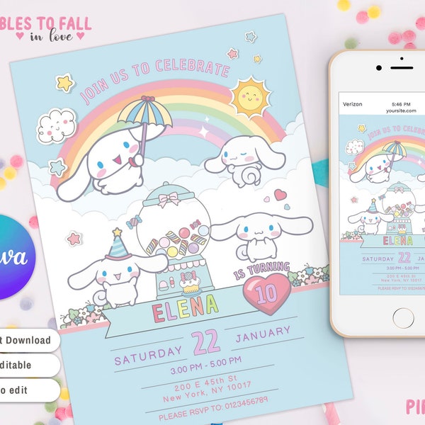 Kitty And Friends Party Invitation - Kawaii Birthday Invitation - Canva template - kuro Cinnamon invitation Kawaii BUNNY invitation