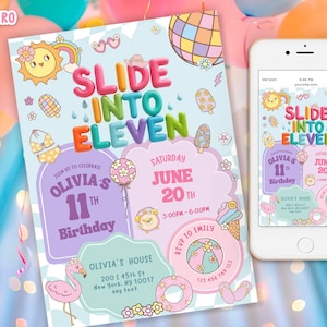 Op de afbeelding: Een kleurrijke verjaardagsuitnodiging met de tekst "SLIDE INTO ELEVEN" en details voor Olivia's 11e verjaardag. Het ontwerp bevat illustraties van een zon, regenboog, ijs en een flamingo. Een smartphone toont dezelfde uitnodiging.
