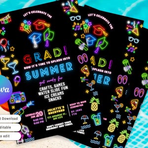 Peut inclure: Cartes d'invitation de f&ecirc;te de remise de dipl&ocirc;me noires avec des graphismes au n&eacute;on. Les invitations indiquent "Grad!" et "Summer" avec les d&eacute;tails d'une f&ecirc;te dans le jardin, y compris des activit&eacute;s.