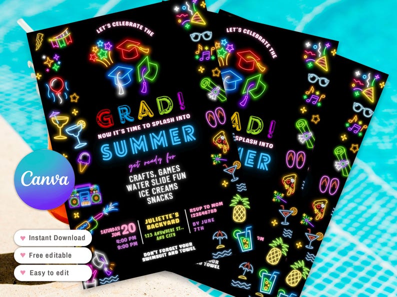 Peut inclure: Cartes d'invitation de f&ecirc;te de remise de dipl&ocirc;me noires avec des graphismes au n&eacute;on. Les invitations indiquent "Grad!" et "Summer" avec les d&eacute;tails d'une f&ecirc;te dans le jardin, y compris des activit&eacute;s.