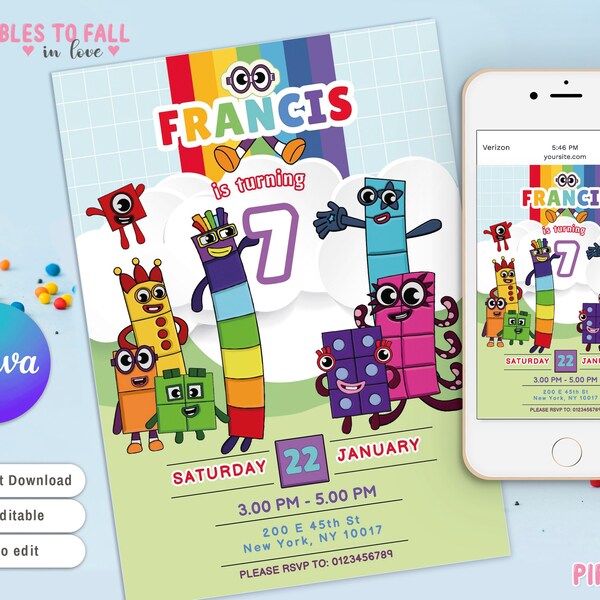 Numberblocks 7th birthday invitation, Number Blocks, Numberblocks Birthday Invitation, Instant Download CANVA EDITABLE Numberblock Invite