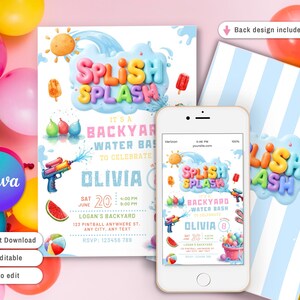 Puede incluir: Una colorida invitaci&oacute;n para una fiesta acu&aacute;tica en el jard&iacute;n, con el texto "Splish Splash" en letras de burbujas. El dise&ntilde;o incluye pistolas de agua, rodajas de sand&iacute;a y un bal&oacute;n de playa. Un smartphone muestra la misma invitaci&oacute;n.