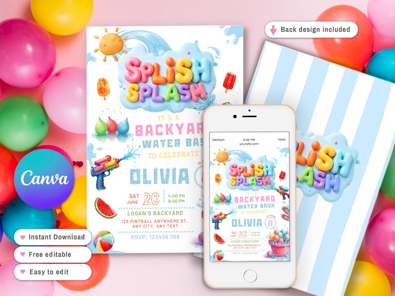 Puede incluir: Una colorida invitaci&oacute;n para una fiesta acu&aacute;tica en el jard&iacute;n, con el texto "Splish Splash" en letras de burbujas. El dise&ntilde;o incluye pistolas de agua, rodajas de sand&iacute;a y un bal&oacute;n de playa. Un smartphone muestra la misma invitaci&oacute;n.