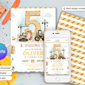 Pu&ograve; includere: Un invito di compleanno a tema costruzione. Il design presenta un grande numero 5 con veicoli da costruzione e la scritta "& Digging It". Uno smartphone mostra l'invito. L'invito &egrave; per il quinto compleanno di Oliver.