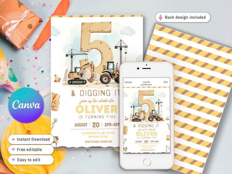 Pu&ograve; includere: Un invito di compleanno a tema costruzione. Il design presenta un grande numero 5 con veicoli da costruzione e la scritta "& Digging It". Uno smartphone mostra l'invito. L'invito &egrave; per il quinto compleanno di Oliver.