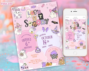 May include: Pink Halloween-themed birthday party invitation with the text "Let's Get Spooky". The invitation features cartoon ghosts, bats, and pumpkins. The date is October 14th, and the party is for Olivia's 6th birthday. A smartphone displays the same design.