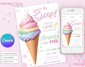 Pastel Ice Cream Birthday Invitation, Ice Cream Birthday Girl Invite, Heres the Scoop Invite, Ice Cream Party for any age Canva Template
