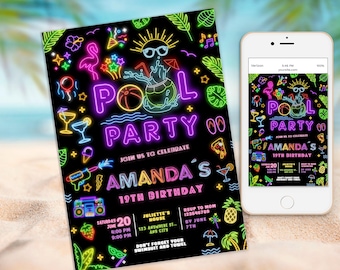 Pool Party Birthday Invitation, Glow Neon Tie Dye Summer Swimming Pool Birthday Party, Splish Splash, Neon pool Party ANY AGE summer invite
