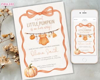 Fall Pumpkin Baby Shower Invitation Girl, Coquette Bow Little Pumpkin Canva