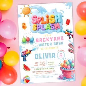 Puede incluir: Una colorida invitaci&oacute;n para una fiesta acu&aacute;tica en el jard&iacute;n, con el texto "Splish Splash" en letras de burbujas. La invitaci&oacute;n incluye pistolas de agua, globos de agua y una rodaja de sand&iacute;a. Globos multicolores rodean la invitaci&oacute;n.