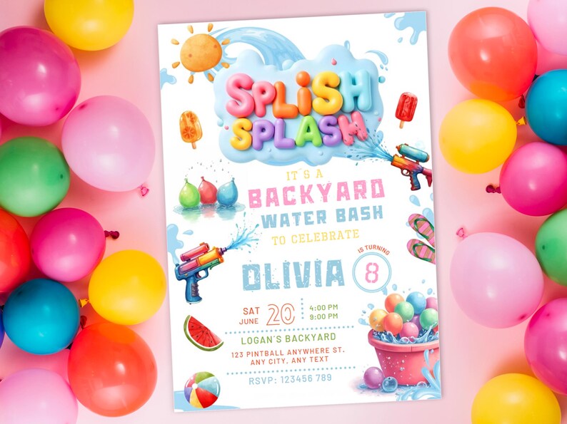 Puede incluir: Una colorida invitaci&oacute;n para una fiesta acu&aacute;tica en el jard&iacute;n, con el texto "Splish Splash" en letras de burbujas. La invitaci&oacute;n incluye pistolas de agua, globos de agua y una rodaja de sand&iacute;a. Globos multicolores rodean la invitaci&oacute;n.