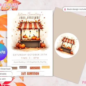 Editable Fall festival flyer Template, Printable Autumn invitation, School Party invite, Harvest Invitation Church, Leaves Pumpkins Confetti