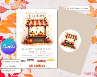 May include: An invitation for the Autumn Elementary Fall Festival. The design features a watercolor illustration of a fall market stall with pumpkins. The text includes the date, time, and location. The words "Instant Download", "Free editable", and "Easy to edit" are also included.
