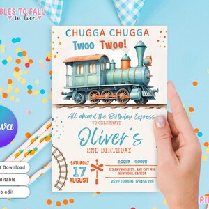 May include: A blue and orange train with the text "Chugga Chugga Twoo Twoo!" on a white background. The text "All aboard the Birthday Express to celebrate Oliver's 2nd Birthday" is below the train. The date "Saturday 17 August" is in the bottom left corner. The time is 2:00PM - 4:00PM and the address is 123 Anywhere St., Any City 456 New York, CA 1234. The RSVP number is 123456789.
