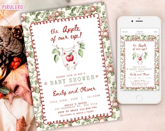 Invitación para baby shower con temática de manzana, plantilla editable de Canva