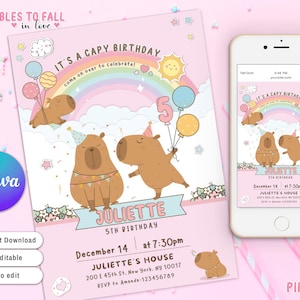 Invito di compleanno a tema capibara, modello modificabile per il compleanno di capibara su Canva, download digitale stampabile, compleanno per bambini con animali, tema compleanno per bambine