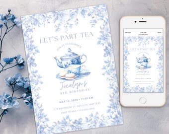May include: Blue and white tea party invitation featuring a teapot, teacup, and macarons. The invitation reads "Let's Part-Tea" and "Jocelyn's 9th Birthday".