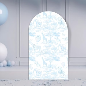 Sfondo ad arco in Toile de Jouy, decorazione per baby shower in Toile safari azzurro polvere, accessorio per baby shower in stile chinoiserie safari, download digitale
