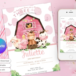 Drei-I-E-I-O Einladung zum 3.Geburtstag, Party auf dem Bauernhof, rosa Blumen Barnyard Einladung Digital Download Mädchen Scheune Tier einladen