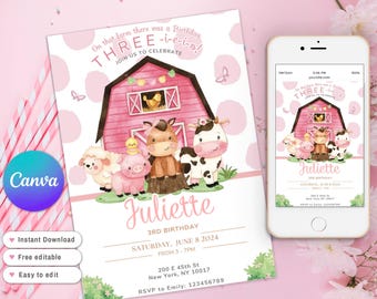 Drei-I-E-I-O Geburtstagseinladung, 3.Geburtstag Party pink, Bauernhof Tier, Floral Barnyard Einladung Digital Download Mädchen Scheune Tier einladen PF01
