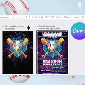 Pode incluir: Design de convite com tema de beisebol com uma bola de beisebol com cobertura pingando e bast&otilde;es cruzados. O convite inclui texto edit&aacute;vel para uma festa de anivers&aacute;rio, com o logotipo Canva vis&iacute;vel.