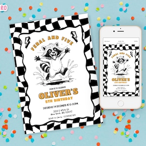 May include: A birthday invitation and a smartphone displaying the same design. The invitation features a raccoon illustration with the text "FERAL AND FIVE" and "OLIVER'S 5TH BIRTHDAY". The design includes a black and white checkered border.