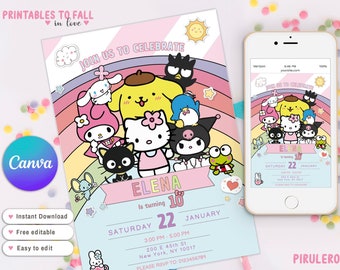 Kitty and Friends Birthday Invitation - Kawaii Characters Kitty Party Invitation - Kitty and Friends  Birthday Template - Canva Template