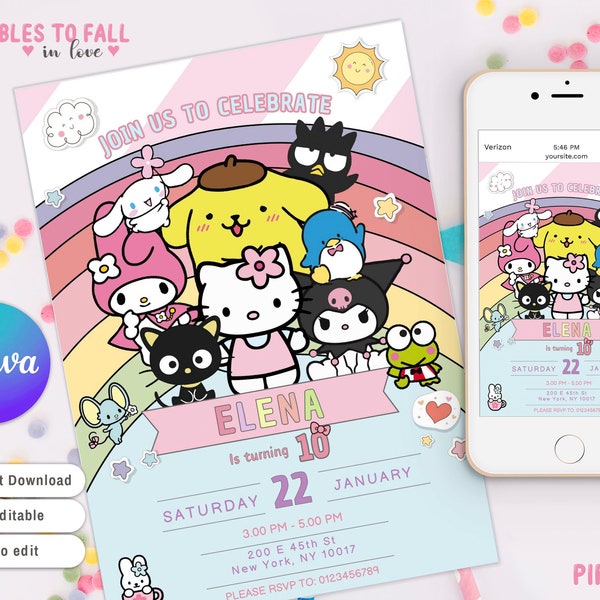 Invitación de cumpleaños de Kitty y sus amigos - Invitación de fiesta de Kitty de personajes Kawaii - Plantilla de cumpleaños de Kitty y sus amigos - Plantilla Canva