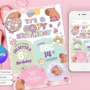 Invito di compleanno per capibara, carino compleanno per capibara rosa, festa per adolescenti con sorriso preppy, tema per la festa di compleanno dei bambini con animali, modello modificabile Canva