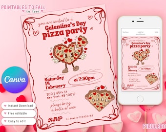 Galentines Party Hand Drawn Valentines Invitation, retro pizza party Friendship Coquette Invite, Girls Night, Girlfriends Brunch Party Night