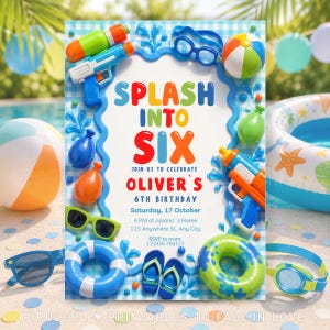 May include: A birthday invitation card featuring a blue checkered border decorated with water guns, goggles, a beach ball, water balloons, and flip-flops. The text reads: SPLASH INTO SIX, JOIN US TO CELEBRATE OLIVER'S 6TH BIRTHDAY, Saturday, 17 October, 4 PM.