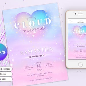 Cloud Nine Party Invitation, Pastel Rainbow Cloud 9th Birthday Party Invite, Girl Birthday, Girl&#39;s Sky and Clouds 9th Birthday Party Invite