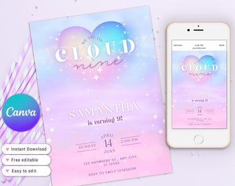 Cloud Nine Party Invitation, Pastel Rainbow Cloud 9th Birthday Party Invite, Girl Birthday, Girl's Sky and Clouds 9th Birthday Party Invite