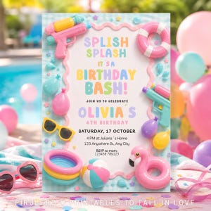 Könnte beinhalten: Eine farbenfrohe Geburtstagseinladung mit Wasserthema. Die Einladung enthält den Text "Splish Splash It's a Birthday Bash!" und "Olivia's 4th Birthday". Das Design umfasst Wasserpistolen, einen Flamingo-Schwimmer und Sonnenbrillen.