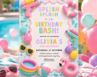 Invitación para fiesta de cumpleaños con temática de piscina, invitación para cumpleaños en la piscina, invitación para fiesta de cumpleaños de verano (plantilla de Canva)