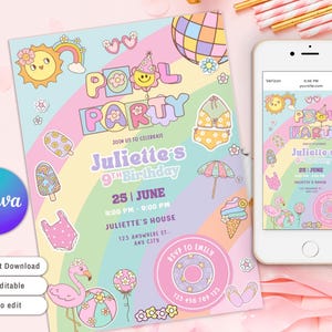 May include: A colorful invitation for a pool party with a rainbow, a disco ball, a flamingo, and a popsicle. The invitation says "Pool Party" and "Join us to celebrate Juliette's 9th Birthday" with the date and time of the party.