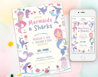 May include: A colourful invitation for a mermaid and shark themed birthday party. The invitation features illustrations of mermaids, sharks, seahorses, and jellyfish. The text on the invitation reads "Calling all Mermaids & Sharks" and "Join us to celebrate Marian's 3rd & Oliver's 5th Birthday".