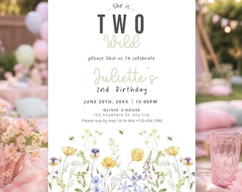Two Wild Birthday Invitation Template, Editable 2nd Birthday Girl Digital invite, Wildflower Party, second Birthday Party, Two Wild Flower
