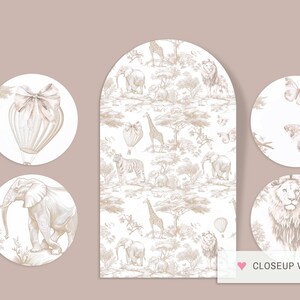 May include: A set of five round, white, decorative wall decals with a beige, vintage-style design. The decals feature a hot air balloon, an elephant, a lion, butterflies, and a repeating pattern of giraffes, elephants, tigers, and hot air balloons. The text "CLOSEUP VIEWS" is visible in the bottom right corner of the image.