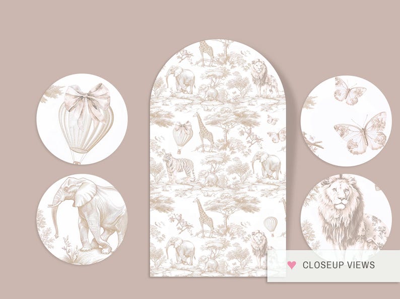 May include: A set of five round, white, decorative wall decals with a beige, vintage-style design. The decals feature a hot air balloon, an elephant, a lion, butterflies, and a repeating pattern of giraffes, elephants, tigers, and hot air balloons. The text "CLOSEUP VIEWS" is visible in the bottom right corner of the image.