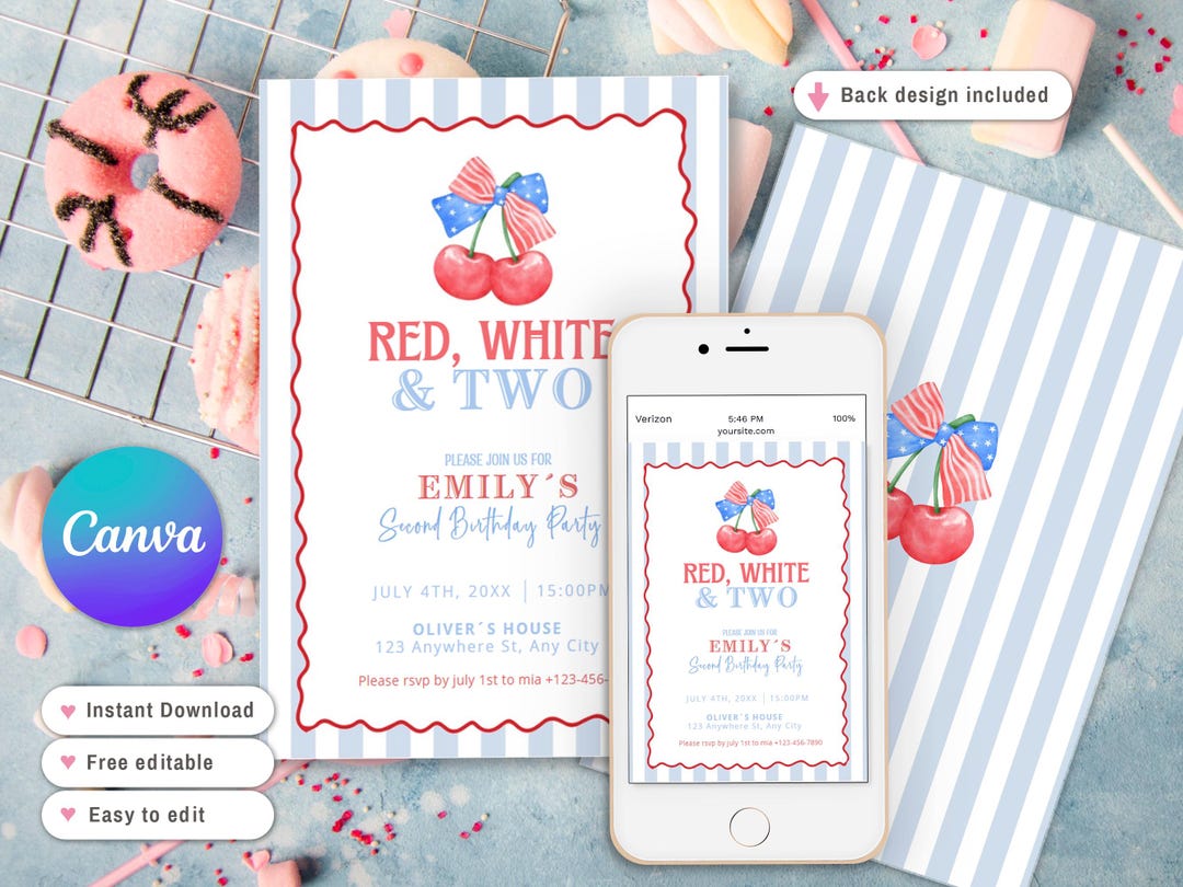 Red White and Two Invitation for Girl, Cute 2nd Birthday Theme for ...