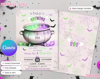 Puede incluir: Una invitación de revelación de género morada y verde con un caldero y el texto "A Baby is Brewing". La invitación tiene un tema de Halloween con telarañas y fantasmas.