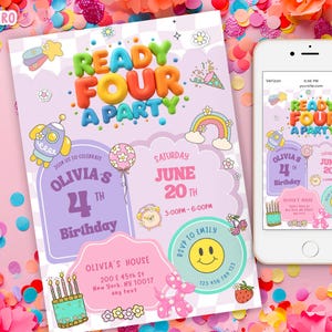 Ready four a party, Fourth Birthday Party Invite Template, 4th Birthday Invitation, Printable smile face preppy Ready Four a Party Evite
