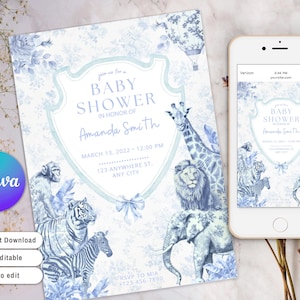 Toile de Jouy Baby Shower Invite Dusty Blue Safari, Blue Toile Safari Baby Shower Invitation, Safari Animal Baby Boy Shower Digital Invite