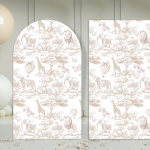 May include: Two backdrop designs featuring a white background with a repeating pattern of brown line drawings of animals, trees, and butterflies. The designs are for a safari themed party.